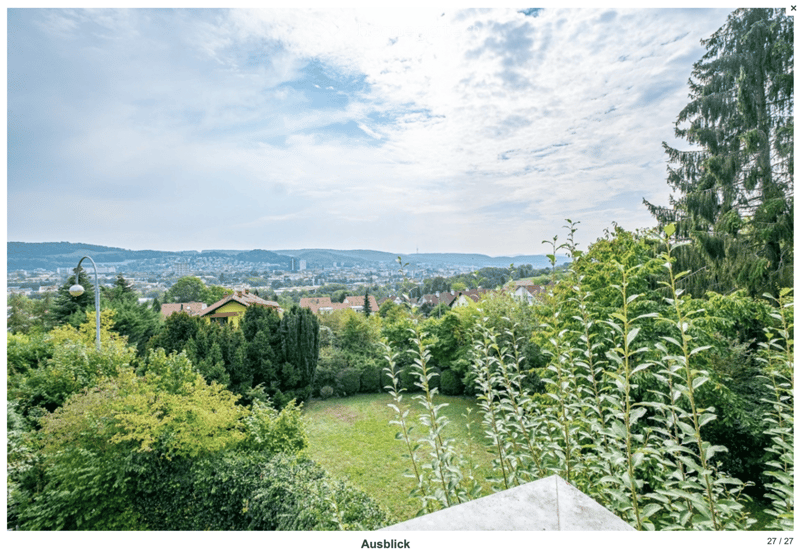 A lush garden with dense greenery and trees, offering a panoramic view of a cityscape with buildings and hills under a partly cloudy sky.