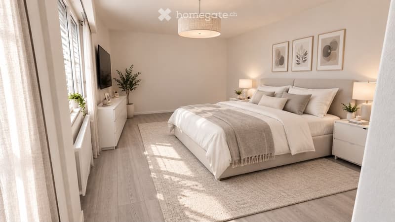 Modern bedroom with a large bed, nightstands, lamps, artwork, and a plant near the window.