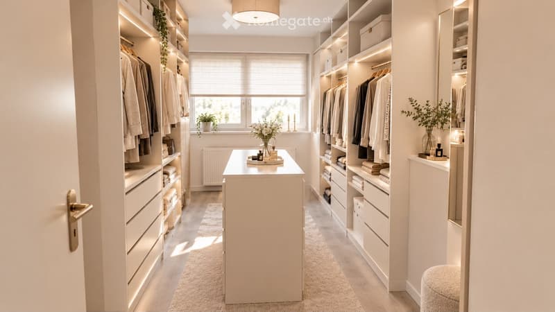Modern walk-in closet with built-in wardrobes, a central vanity table, a round stool, and decorative plants and candles.