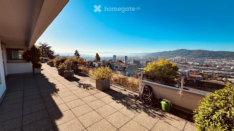 A spacious balcony with tiled flooring, potted plants, and a panoramic city view under a clear blue sky.