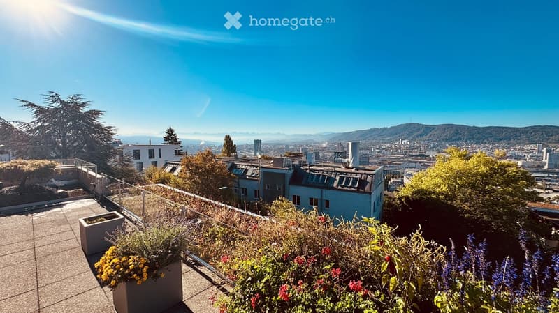 Rooftop terrace with a cityscape view, surrounded by greenery and potted plants, with a metal railing and paved surface.