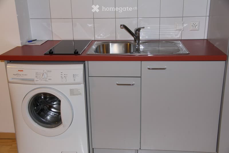 Compact kitchen with a sink, faucet, induction cooktop, and a washing machine tucked under the cabinets.
