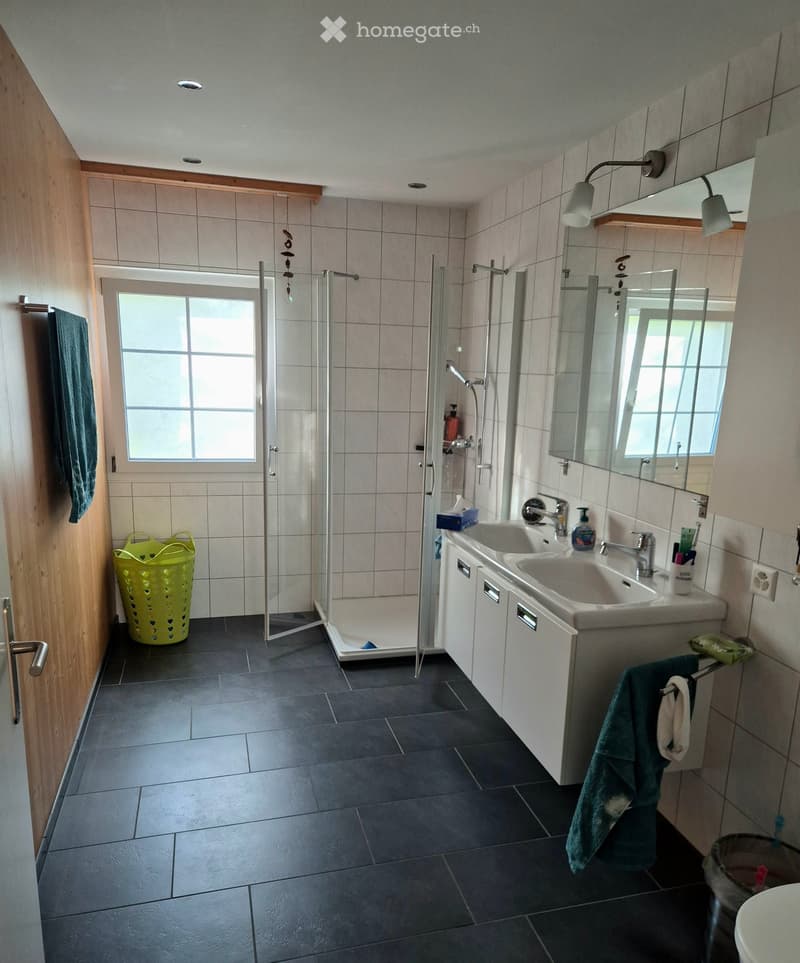 Modern bathroom with dark tiled floor, white tiled walls, double sink vanity, large mirror, glass-enclosed shower, and a green basket on the floor.