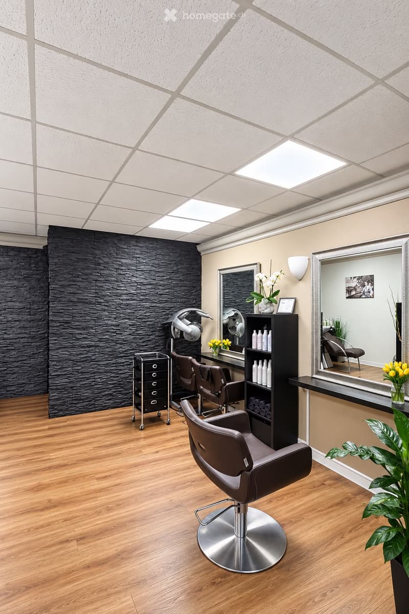 Modern salon with wooden flooring, black textured wall, large mirrors, salon chairs, a cabinet with hair products, and decorative plants.