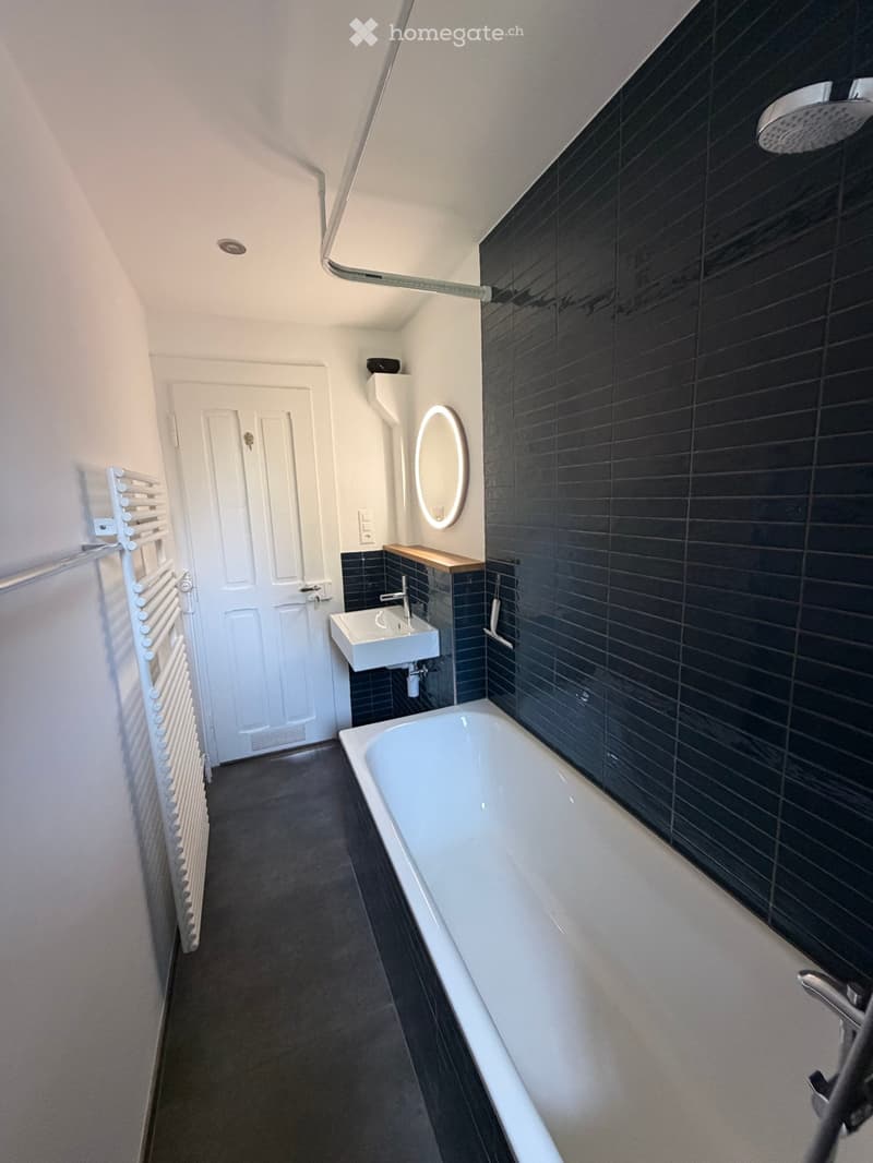 Modern bathroom with a bathtub, sink, mirror, and radiator. Dark tiled walls and a sleek design.