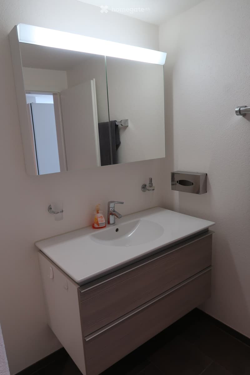 Modern bathroom with a white sink, chrome faucet, large mirror with built-in lighting, and a wooden vanity cabinet.