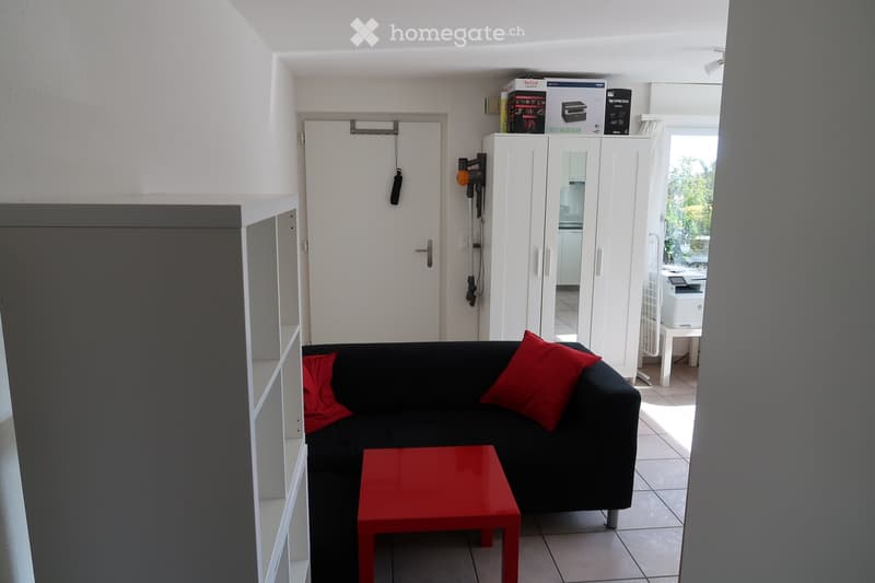 Modern living room with a black sectional sofa, red throw pillows, a red coffee table, and a white wardrobe with mirrored doors.