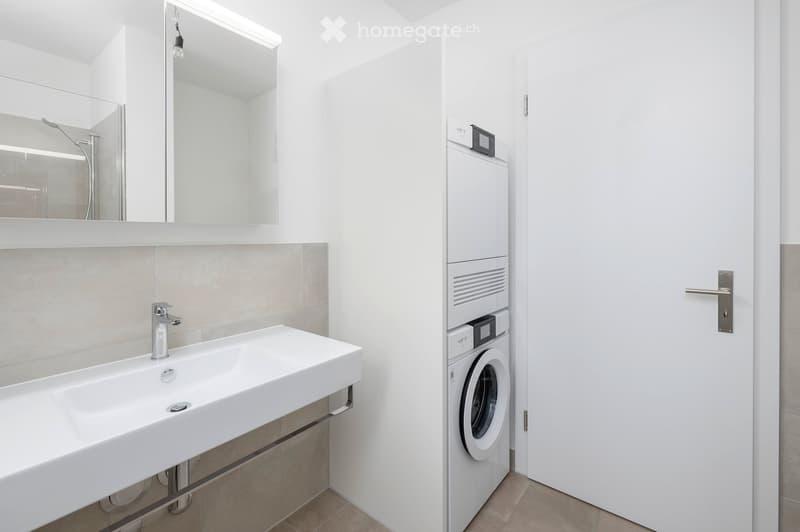 Modern bathroom with a white sink, chrome faucet, large mirror, and a private washing machine in the corner.