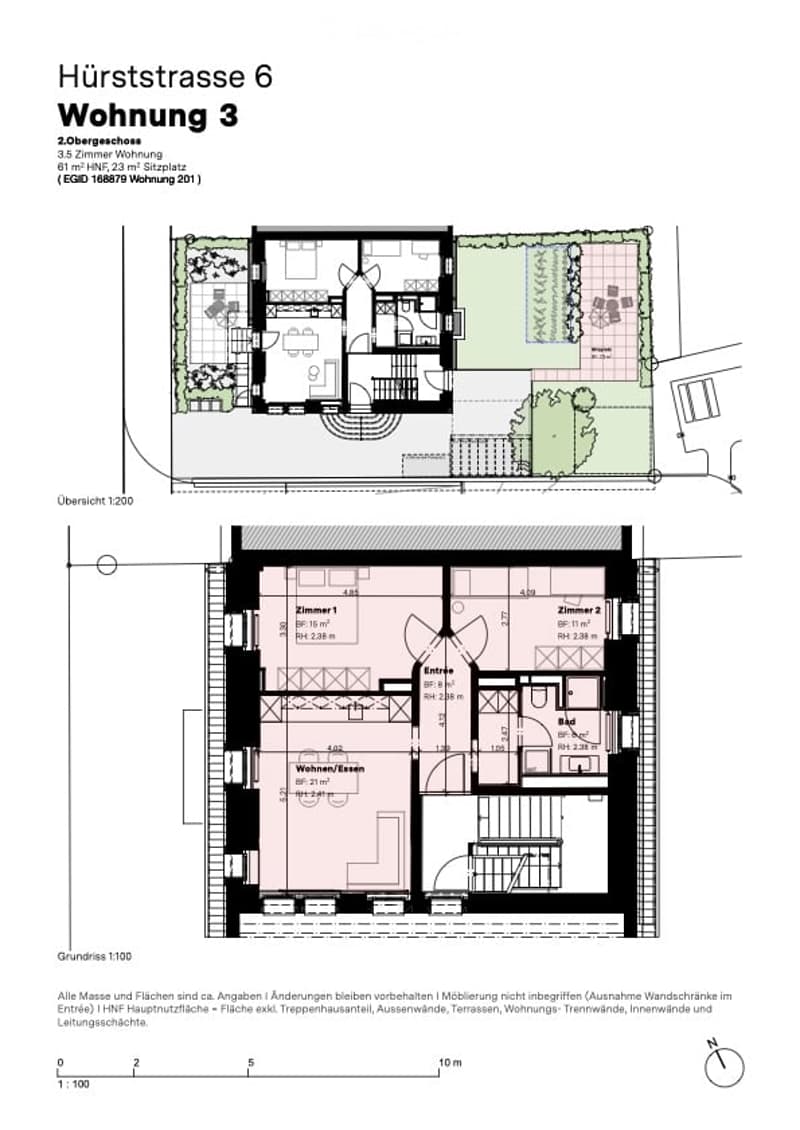 Floor plan of a 3.5-room apartment on the 2nd floor, including living room, kitchen, 2 bedrooms, and bathroom.
