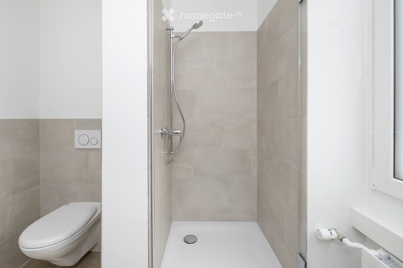 Modern bathroom with a toilet, a walk-in shower with a handheld showerhead, and a sleek faucet. The walls are tiled in a light beige color, and the floor is white.
