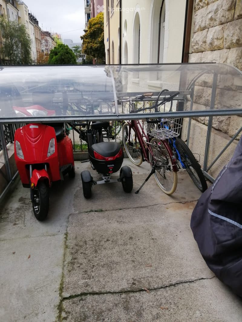 A covered outdoor area with a red scooter, a bicycle with a basket, and a small trailer parked under a transparent roof.