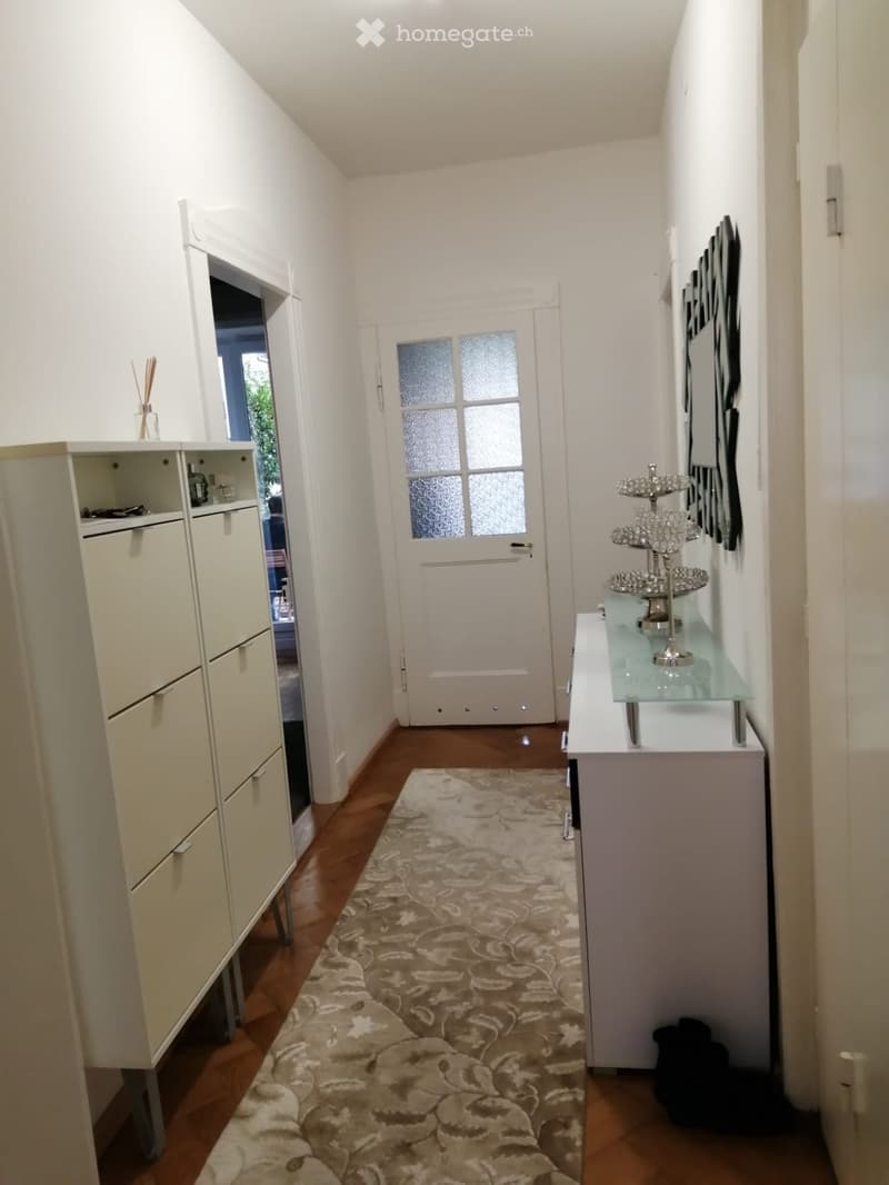 A narrow hallway with wooden flooring, a patterned rug, white walls, and a glass door at the end. There are built-in cabinets on one side and a small table with a decorative centerpiece on the other.