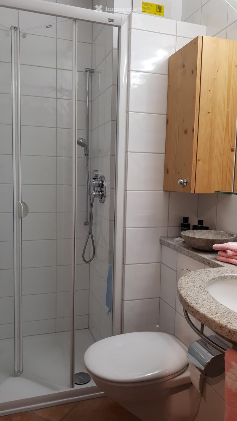 Modern bathroom with white tiled walls, a glass-enclosed shower, a toilet, a sink with a granite countertop, and a wooden cabinet.