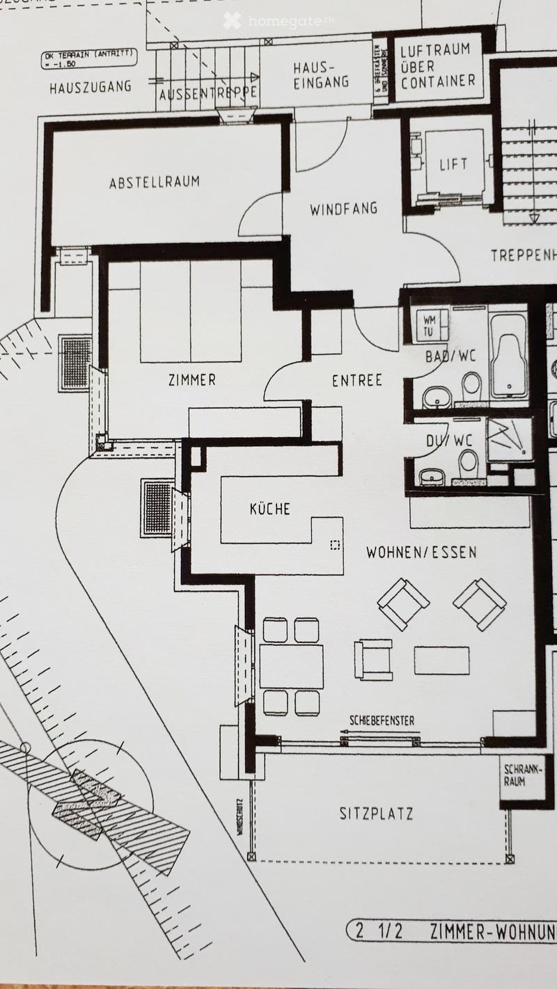 Floor plan of a 2.5-room apartment with labeled rooms including entrance, kitchen, living/dining area, bedroom, bathroom, and storage space.