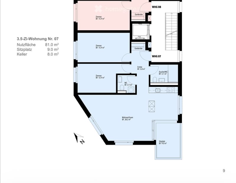 Floor plan of a 3.5-room apartment with living/dining area, three bedrooms, two bathrooms, entrance, and a balcony.