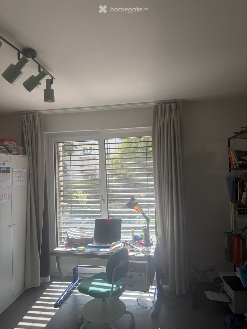 Brightly lit room with a desk, office chair, bookshelf, and a window with blinds. The room features a modern aesthetic with a mix of functional and decorative items.