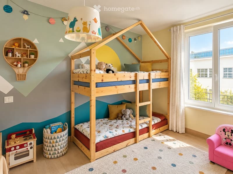 Bright, colorful children's bedroom with a wooden bunk bed, a pink Mickey Mouse chair, a toy stove, a wicker basket, and a decorative shelf with toys and plants.