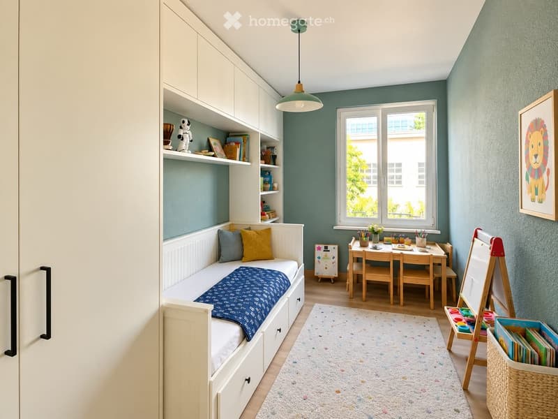 A well-lit bedroom with a built-in bed, a small study area with a table and chairs, shelves with books and toys, and a colorful rug on the floor.