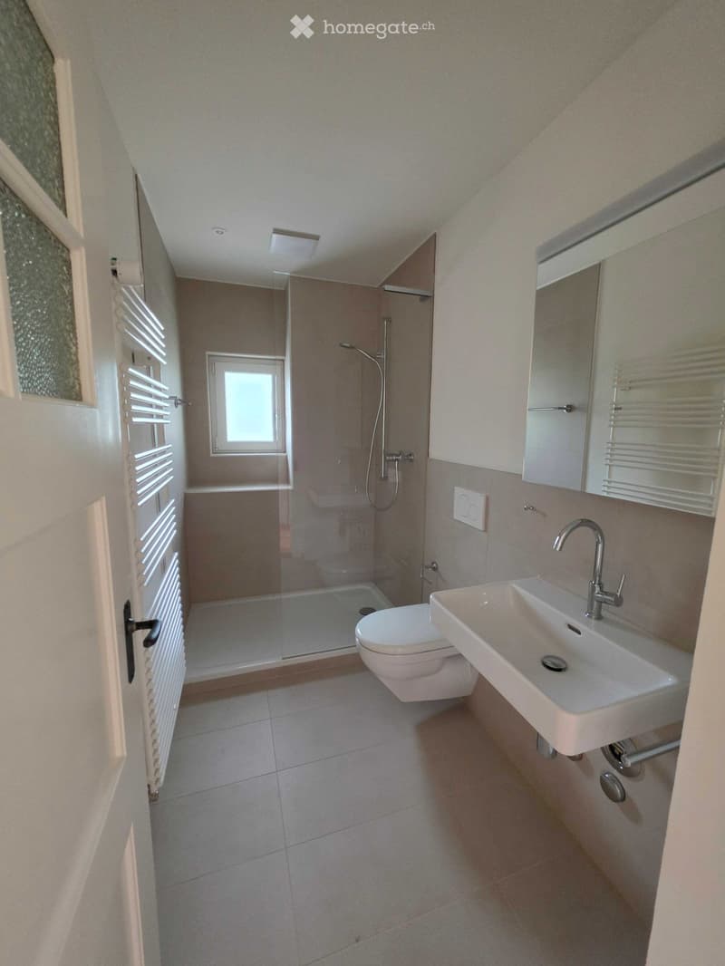 Modern bathroom with a white sink, toilet, glass-enclosed shower, and a mirror above the sink. The room features tiled floors and walls, with a radiator on the left side.