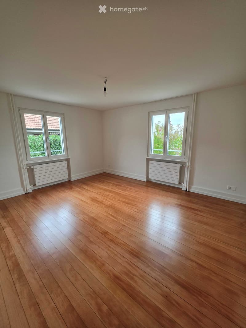 Empty room with wooden flooring, white walls, two windows, radiators, and a single light fixture.