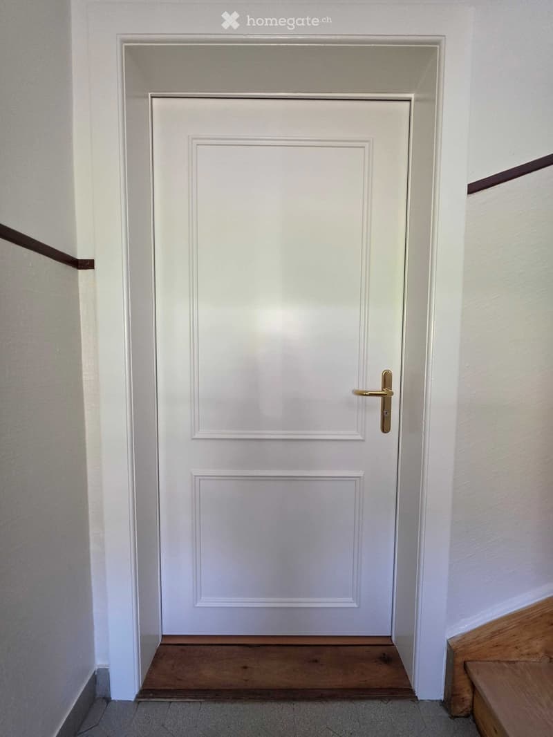 White door with a gold handle in a hallway with light-colored walls and wooden flooring.