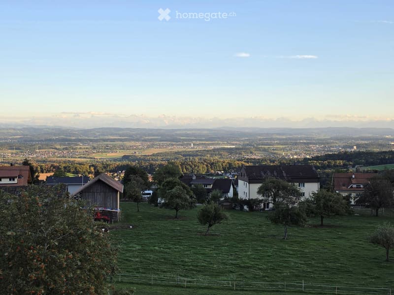 A panoramic view of a rural landscape with scattered houses, trees, and a distant mountain range under a clear sky.