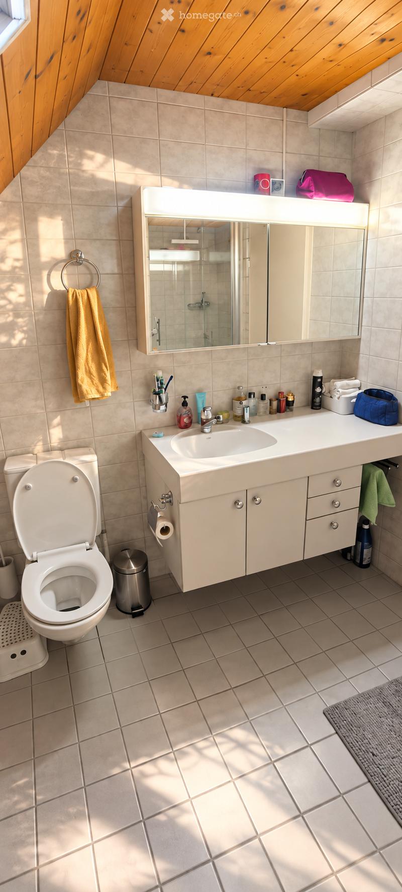 Modern bathroom with white tiles, a toilet, a sink with a large mirror above it, and various toiletries on the counter. Wooden slatted ceiling and a towel hanging on a ring.