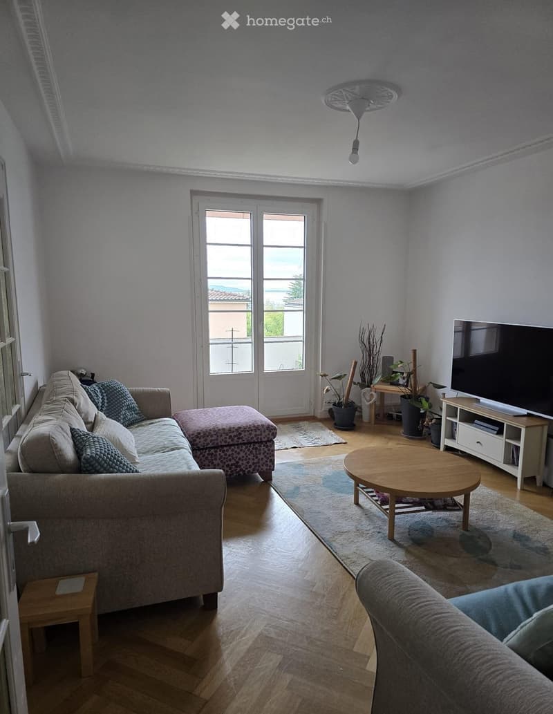 Modern living room with light grey walls, wooden flooring, and large windows. Features a grey sectional sofa with patterned cushions, an ottoman, a round wooden coffee table, a flat-screen TV on a white stand, and several potted plants.