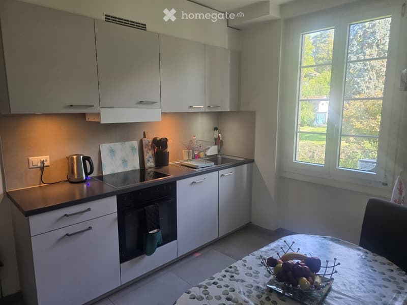 Modern kitchen with white cabinets, stainless steel appliances, and a dining area with a table and fruit bowl.