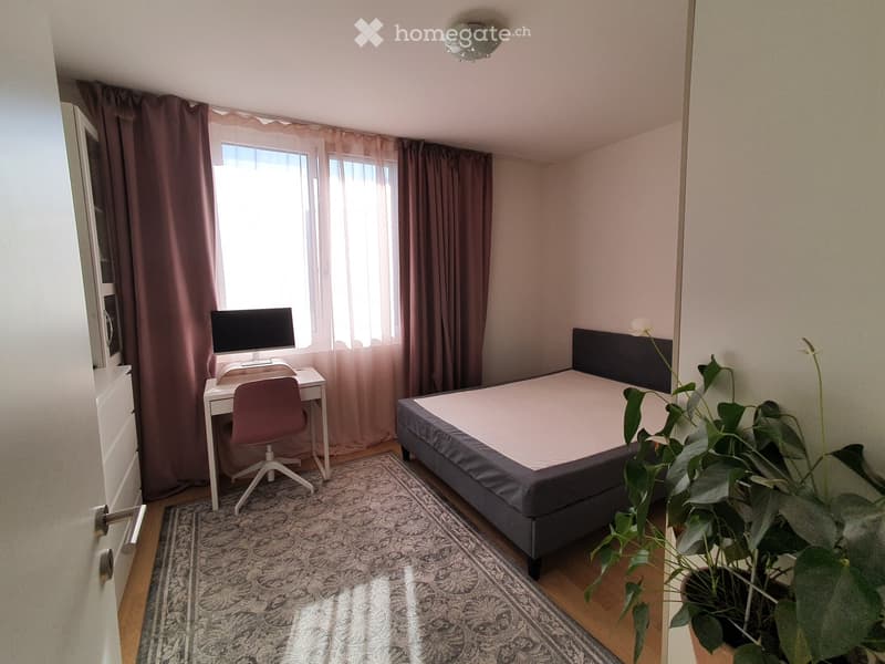 Cozy bedroom with a double bed, desk with a chair and screen, patterned rug, and a potted plant near the window.