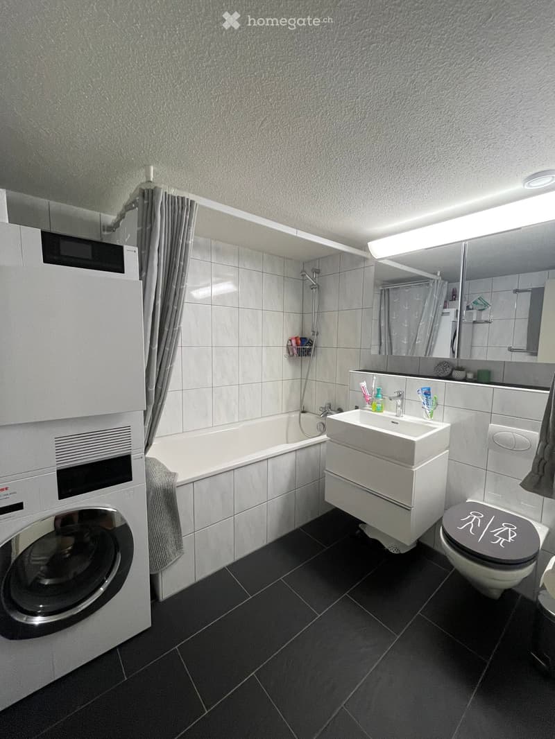 Modern bathroom with a bathtub, sink, toilet, washing machine, and a mirror. The room features dark tiled flooring and white tiled walls.