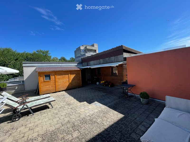 A sunny outdoor patio with a brick floor, sun loungers, a small table, potted plants, and a wooden shed in the background.