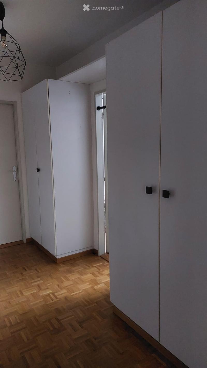 Empty hallway with wooden flooring, white walls, and a modern pendant light fixture. Features a closed white closet and an open doorway leading to another room.