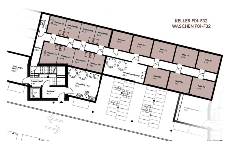 Floor plan of a multi-level residential building showing various rooms including bedrooms, bathrooms, and a basement area with multiple rooms and a staircase.