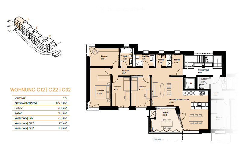 Floor plan of a multi-unit residential building showing three apartments (G12, G22, G32) with labeled rooms including bedrooms, living areas, kitchen, and bathrooms. Each unit includes a balcony and separate washrooms.