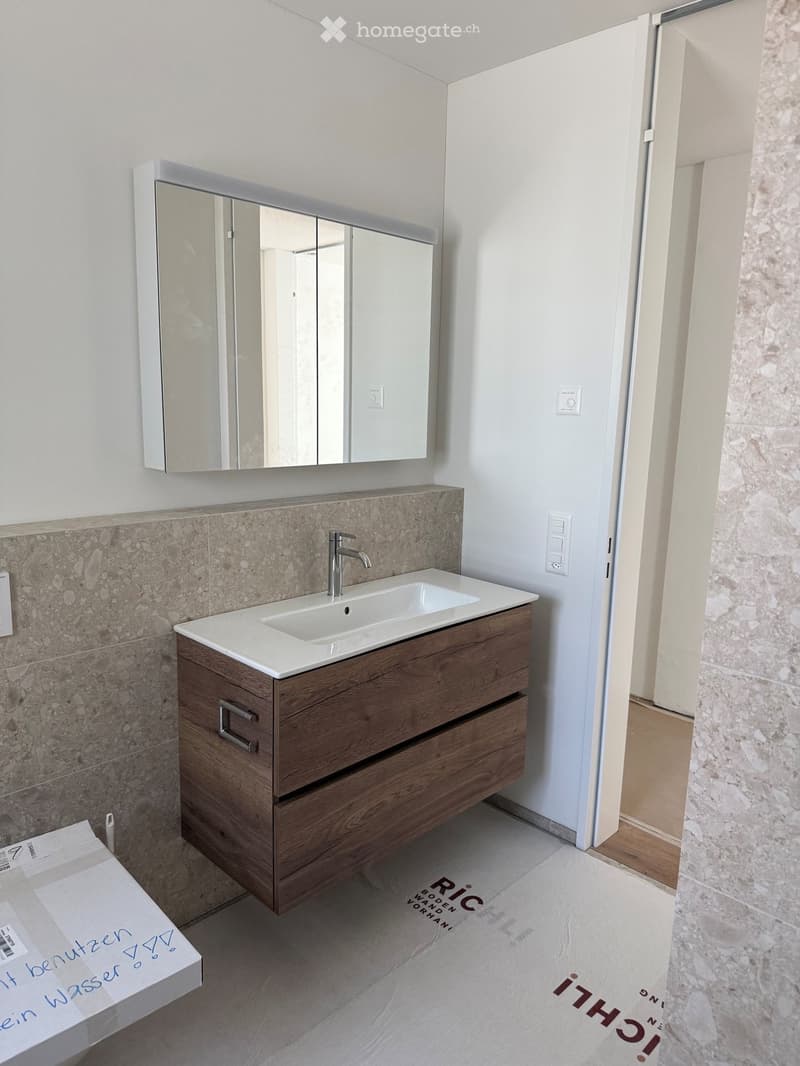 Modern bathroom with a wooden vanity cabinet, white countertop, and a large mirror above the sink.
