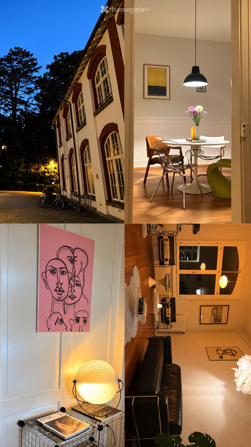 Four-image collage showcasing a modern house exterior at dusk, an interior dining area with a round table and chairs, a vibrant pink abstract artwork on a wall, and a cozy living space with a leather sofa, glass coffee table, and modern lighting.