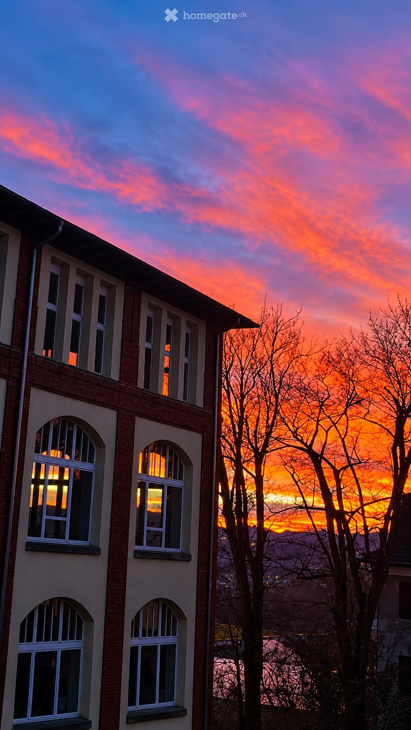 A multi-story brick building with large arched windows, set against a vibrant sunset sky with pink and orange hues. Bare trees frame the view, and the warm glow from interior lights contrasts with the evening sky.