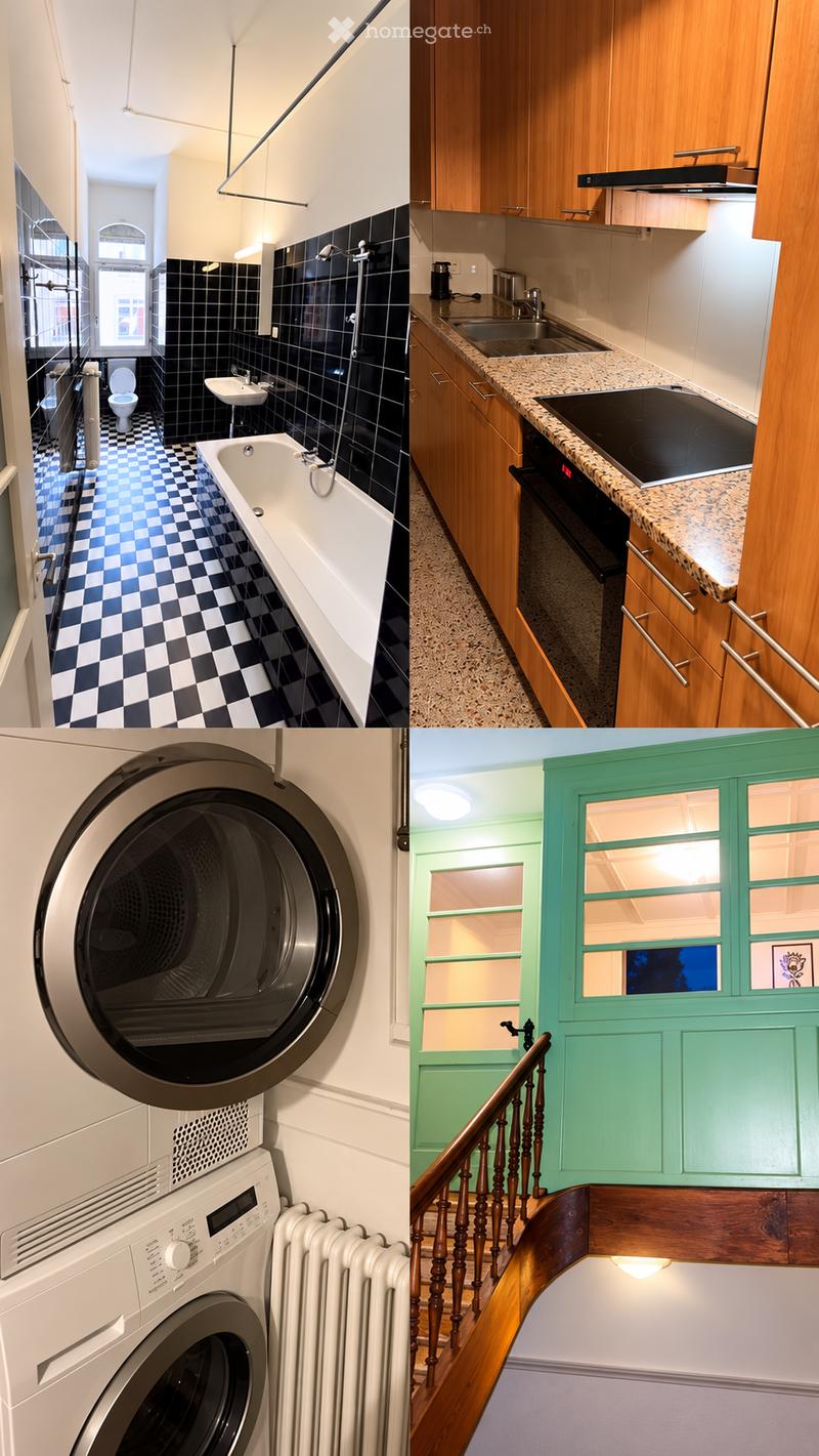 Four images showing a bathroom with black tiles, a checkered floor, a bathtub, toilet, and sink; a kitchen with wooden cabinets, granite countertop, and appliances; a washing machine and radiator; and a staircase with wooden railings and green cabinets.