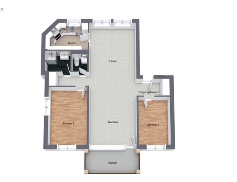 Floor plan of a 3-room apartment with a kitchen, dining area, living room, two bedrooms, hallway, and balcony.