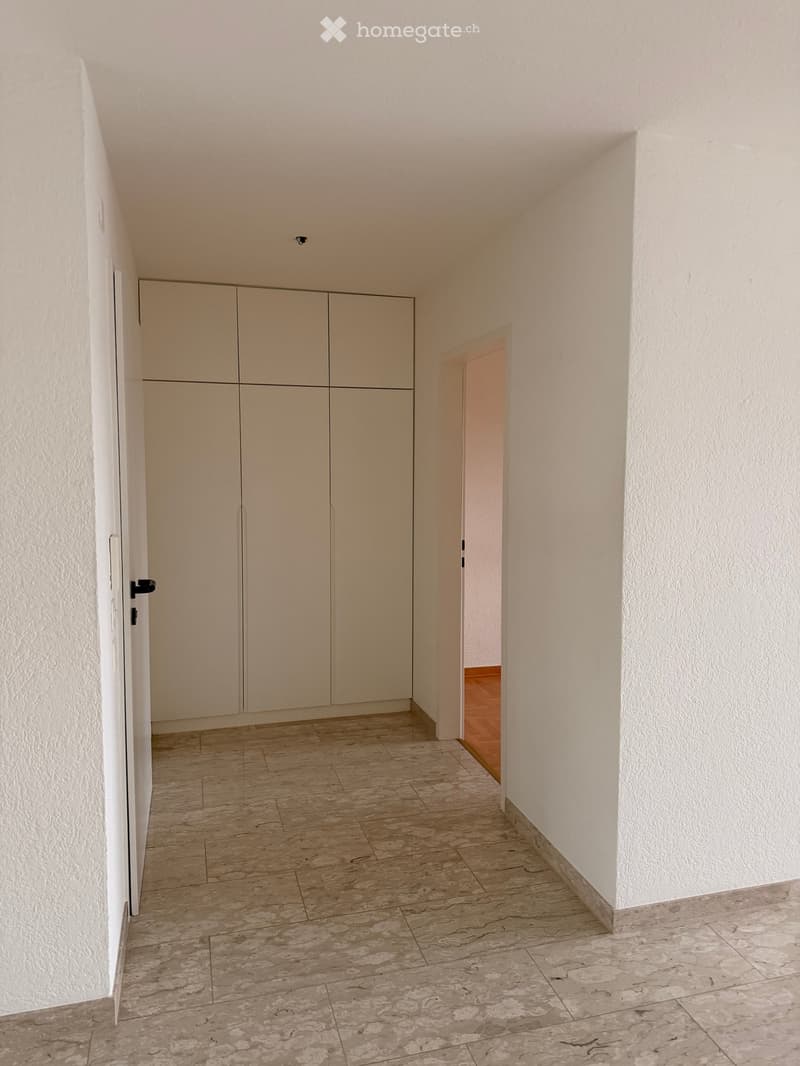 Empty hallway with light-colored walls, wooden floor, and built-in storage units on one side.