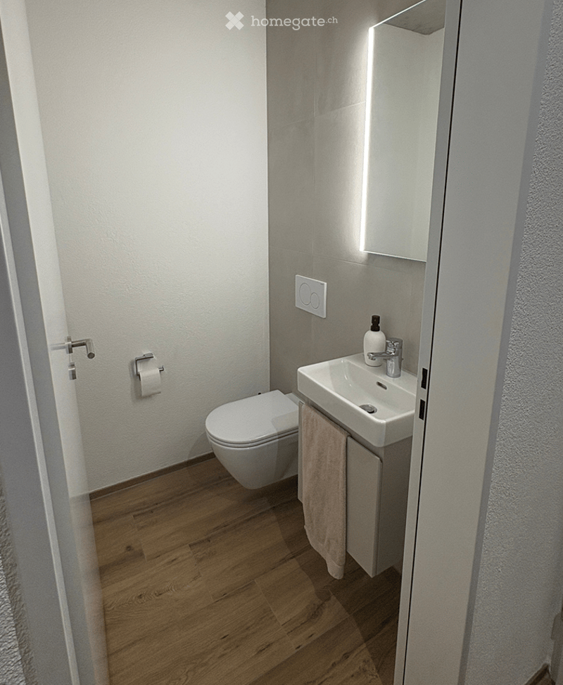 Modern bathroom with a toilet, sink, mirror, and a towel hanging on the cabinet. The floor is wooden, and the walls are white and grey.