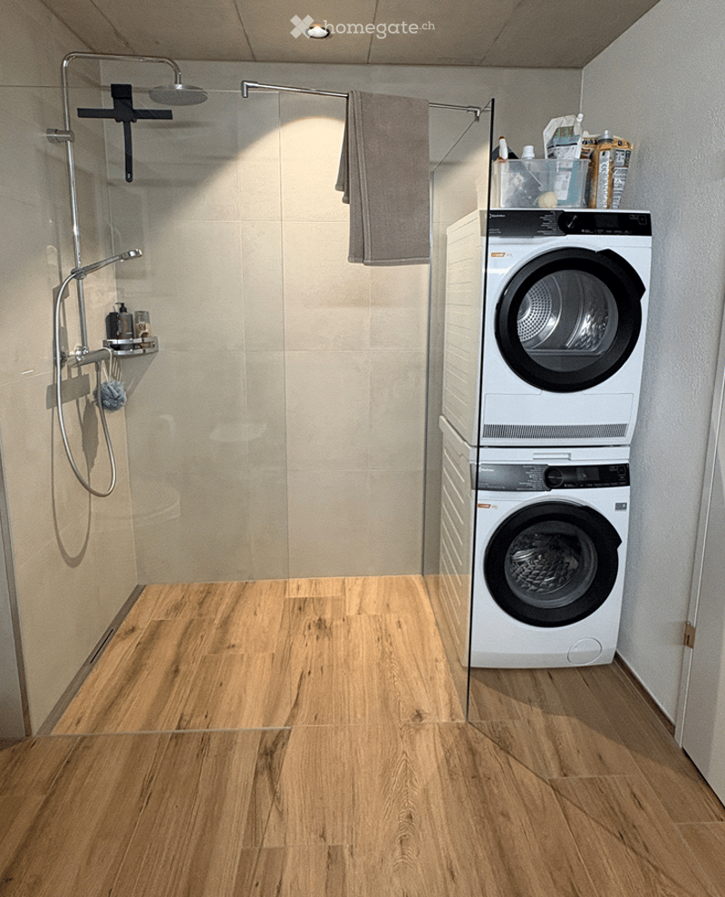 Modern bathroom with wooden flooring, glass-enclosed shower, towel, washing machine, and various toiletries.