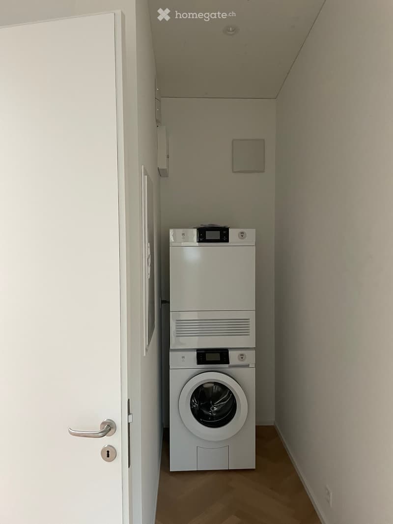 Narrow hallway with a white door on the left and a stacked washer-dryer unit on the right, light wooden flooring.