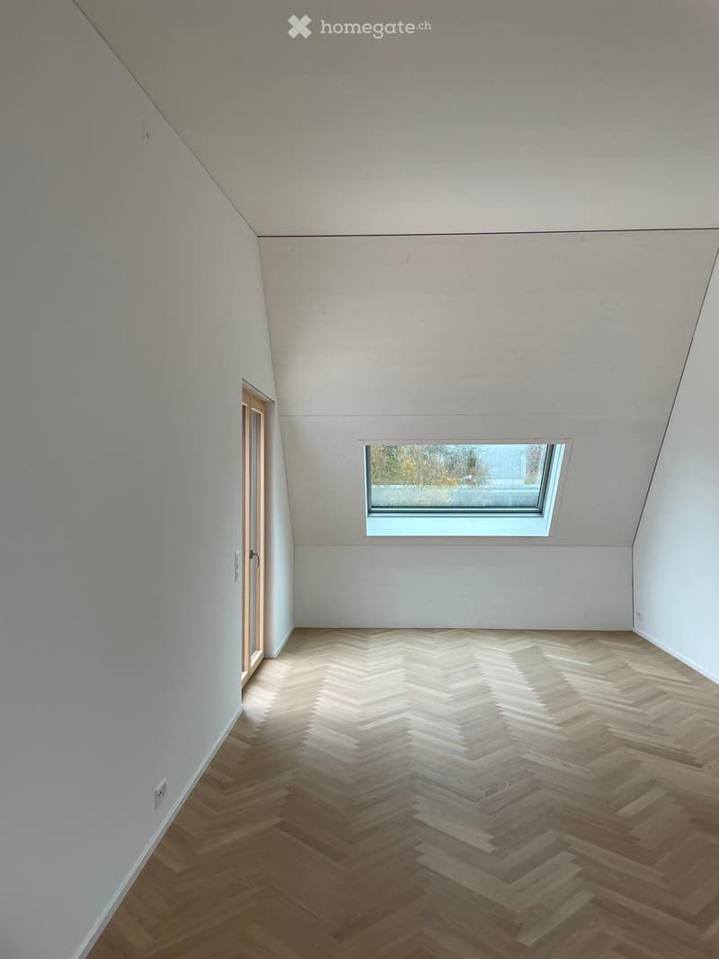 Empty room with wooden herringbone flooring, white walls, and a skylight window.