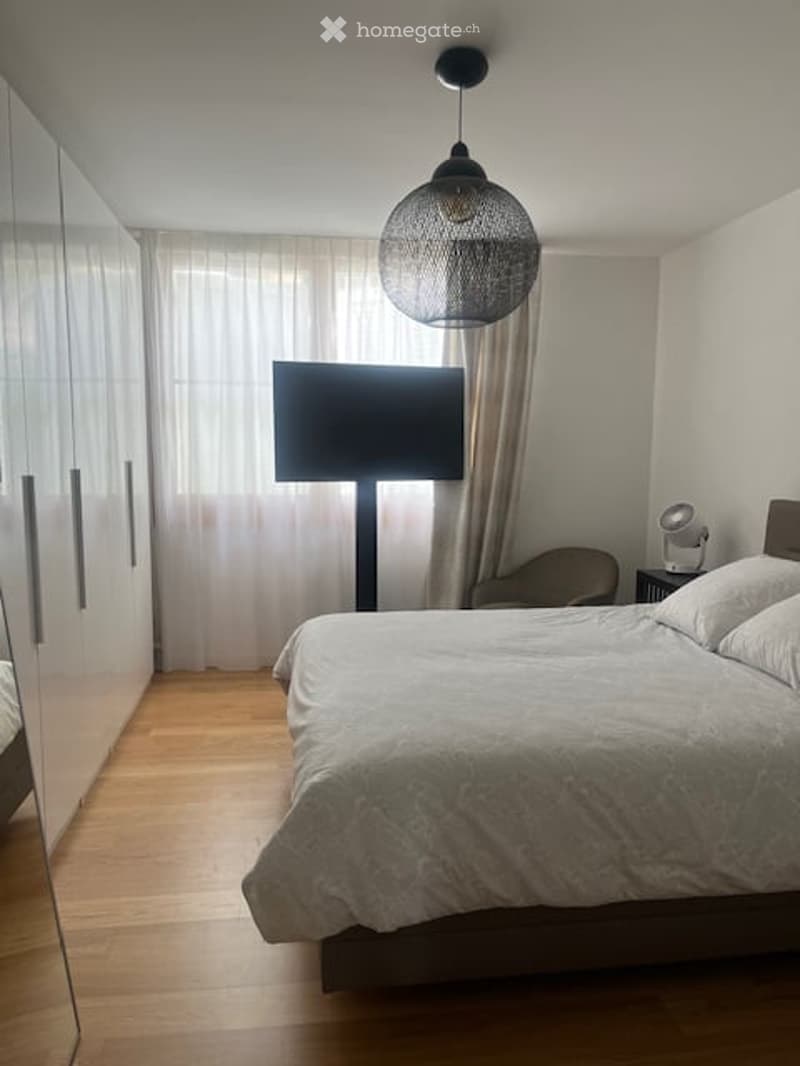 Modern bedroom with a large bed, a wardrobe, a chair, a small table, a hanging lamp, and a television on a stand.