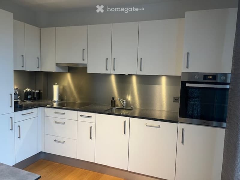 Modern kitchen with white cabinets, stainless steel appliances, and a dark countertop.