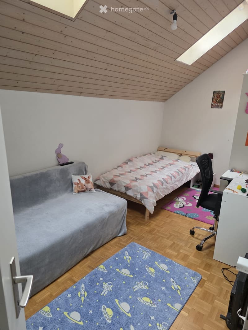Cozy bedroom with a single bed, sofa, desk, and colorful rugs. The room features wooden flooring and a slanted wooden ceiling with skylights.