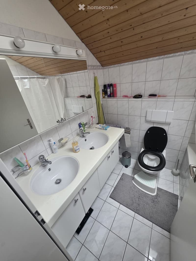 Modern bathroom with double sink vanity, large mirror, toilet, and various toiletries neatly arranged on the counter and shelves.