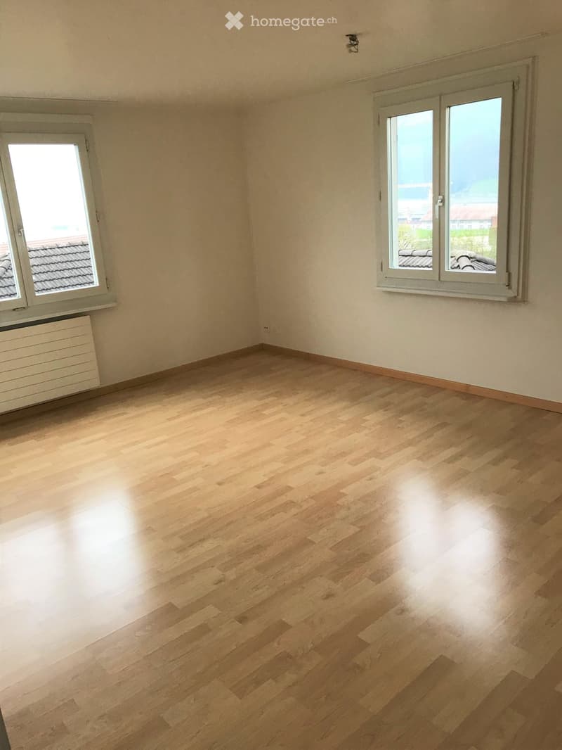 Empty room with light wooden flooring, white walls, and two windows with white frames. The room has a radiator under one window and a visible electrical outlet on the wall.